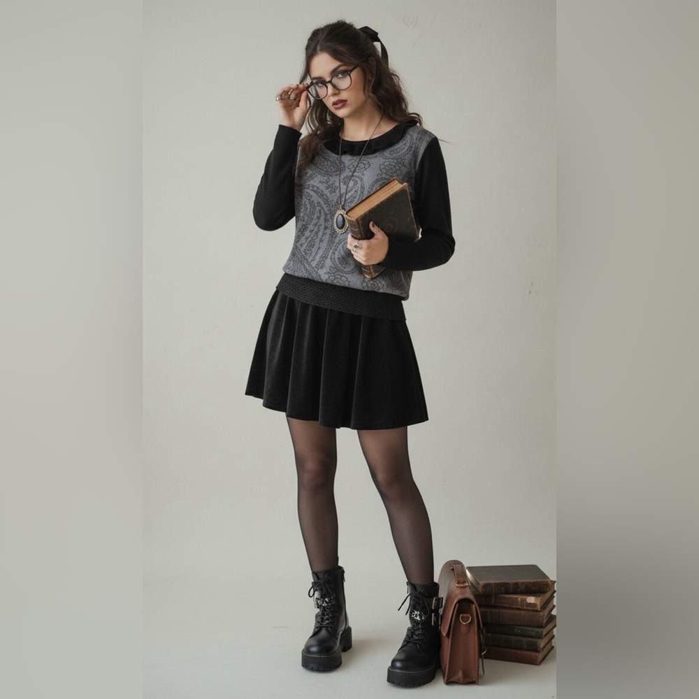 Whimsigoth Dark Academia Sweater Top L Black Paisley Print Ruffle Neck